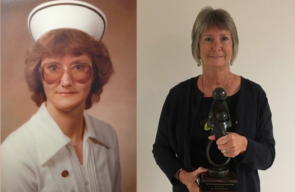 Karen Cole, RN at the beginning of her career and accepting the DAISY Award last week.
